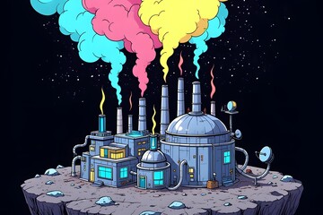 Digital Illustration of a Large Cylindrical Factory Complex with Metallic Domed Roofs and Glowing Blue Windows