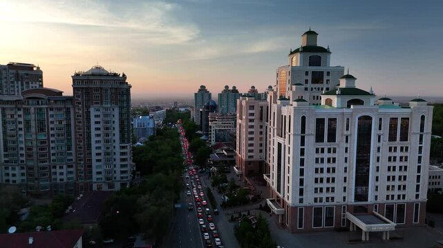 Aerial view panorama of houses and mountains in Almaty