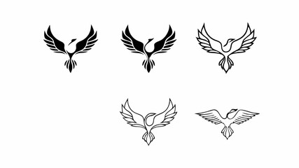 Illustrations of phoenix birds in various stylized designs with outstretched wings on a white background | eps vectors silhouette