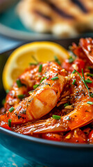 Close-up macro shot of Argentinian red prawns in spicy tomato sauce with Sicilian tomatoes and chili.