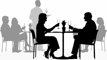 Silhouette of people dining at tables in a restaurant with waiter serving wine in the background scene | eps vectors