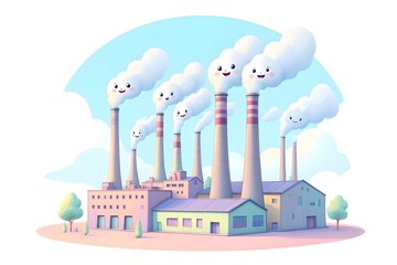 Digital Illustration of a Large Industrial Factory Building with Multiple Tall Grey Smokestacks Releasing Fluffy White Clouds