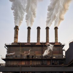 Digital Illustration of a Large Industrial Factory Complex Featuring Multiple Tall Concrete Smokestacks Dominating the Frame