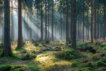 Fototapeta premium Sunlight streams through a misty forest (1)