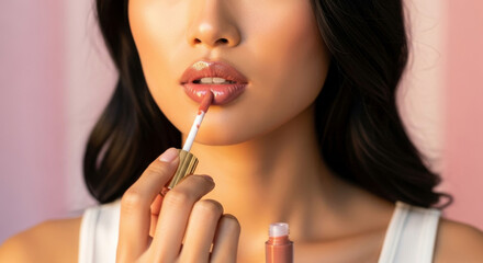 Woman applying lip gloss for a glamorous beauty look today