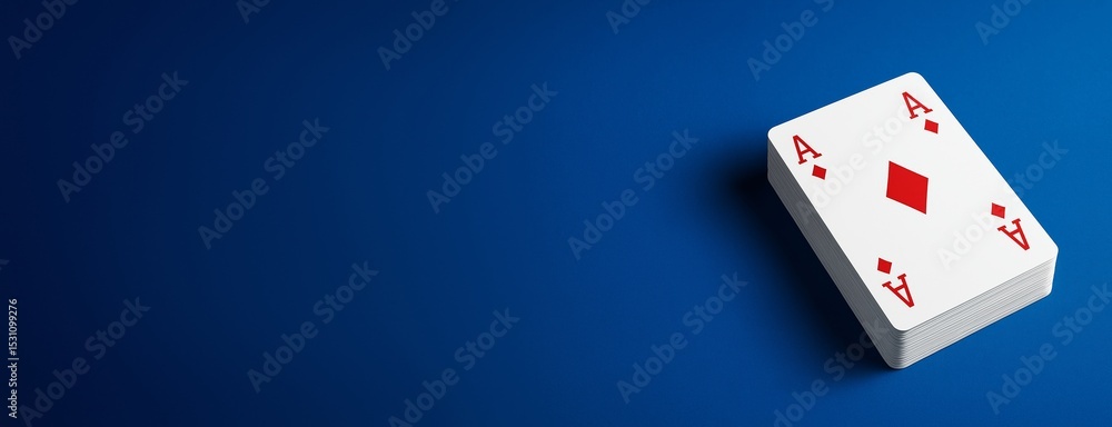 Poster Stack of playing cards featuring ace of diamonds on blue background with empty copy space for design or text placement.