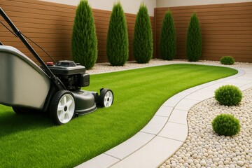 Lawn mower on green grass in modern landscaped backyard with decorative pebbles and neat bushes in daylight, showing hobby gardening concept.