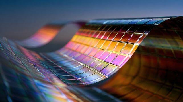 Quantum dots solar panels. Abstract wavy surface showcasing vibrant colors and reflections.
