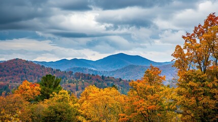 Obraz premium Autumn Mountain Distant View: Unveiling the Serene Tapestry of Seasonal Landscapes, Cultural Symbolism, and Natural Aesthetics in Scenic Overlooks and Panoramic Vistas
