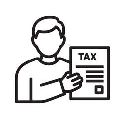 Flat black vector silhouette and icon of a person holding a tax form, symbolizing income tax and economic contribution concept
