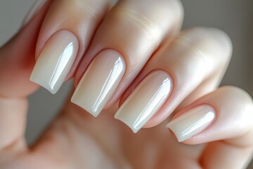 Woman's hand with fashionable milky white manicure on gray background