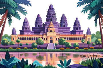 Vector illustration of Angkor Wat temple surrounded by jungle trees in soft morning light, iconic heritage landmark and travel destination in Cambodia