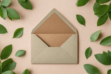 Light beige envelope nestled amidst fresh green leaves on a pastel peach background