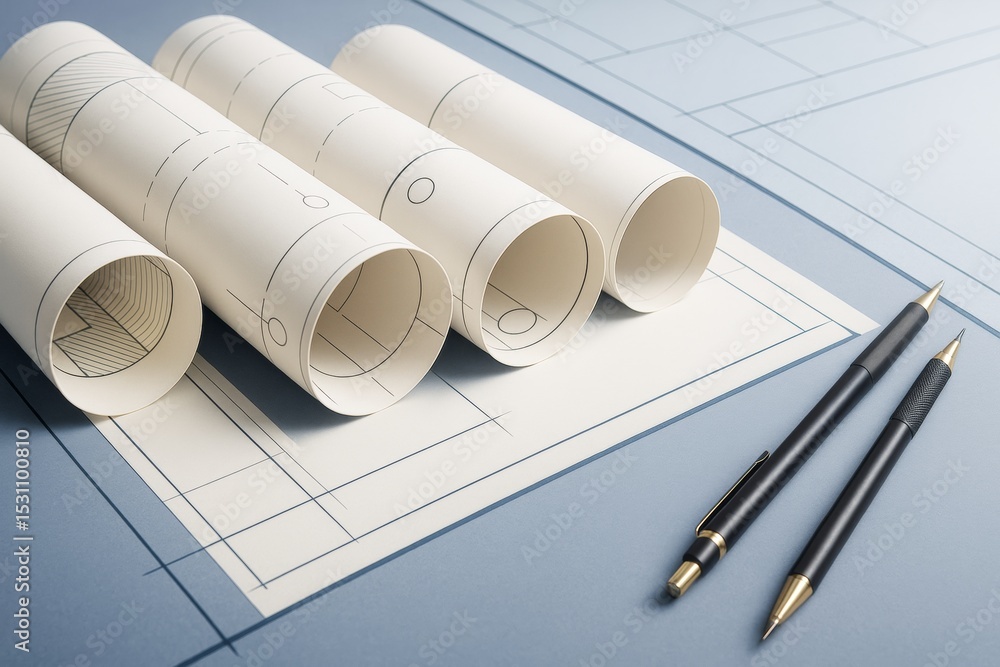 Poster rolled architectural blueprints and drafting tools on blue surface with technical drawing background