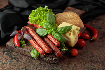 Thin smoked sausages with cheese, bread, and greens.