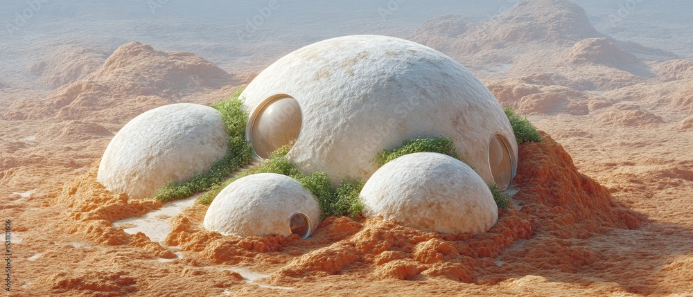 Poster sustainable mars colony dome complex with regolith pathways and research facilities for future off-w