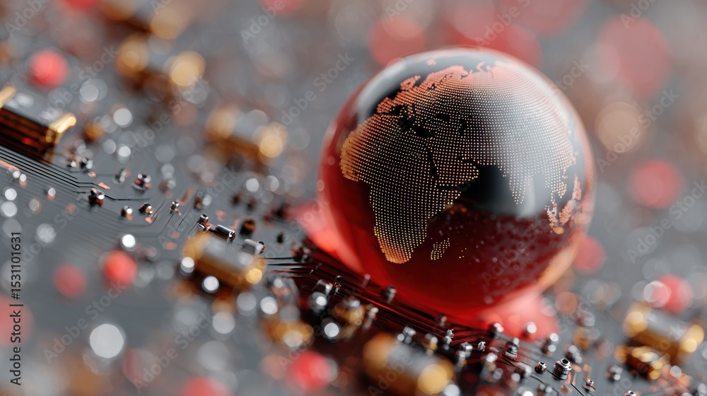 Fototapete Digital globe with network lines on hi-tech circuit board, glowing data points symbolizing global connectivity and advanced IT for technology marketing campaigns