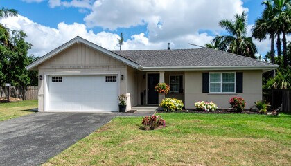 Charming single story residential house featuring a well maintained green lawn
