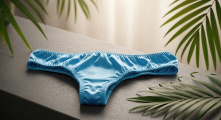 Blue silky women's thong underwear displayed on textured surface with tropical leaves
