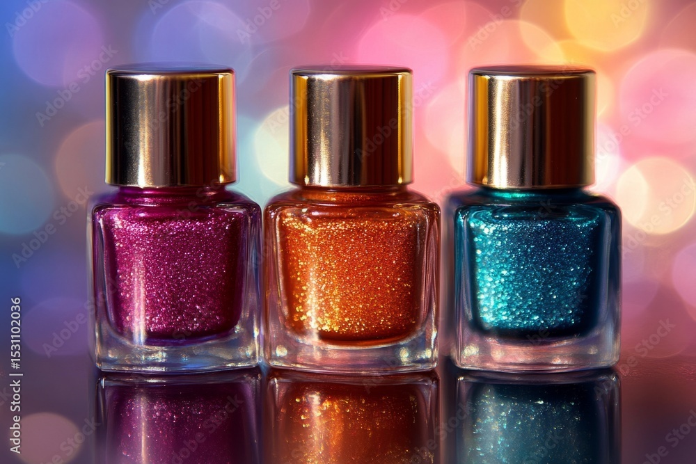 Aufkleber three nail polish bottles with glitter, reflecting on a shiny surface, create a glamorous image with
