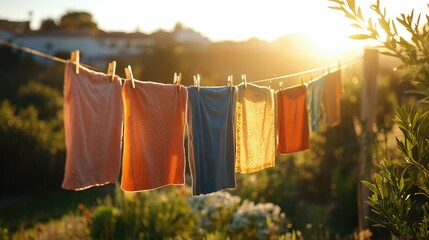 Clothes drying on clothesline at sunset