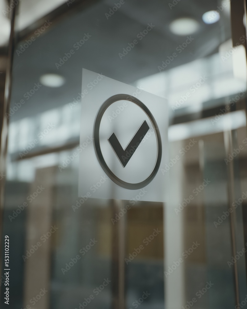 Aufkleber minimalist circular vote check mark icon on glass window symbolizing electoral verification and demo