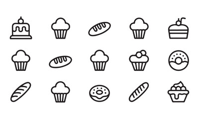 Bakery Icon Set – Line Art Style of Cakes, Donuts, Muffins and Bread