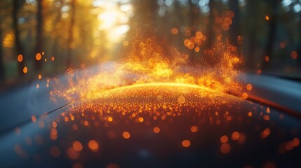 Obraz premium Car Hood with Orange Particles and Blurred Forest Background