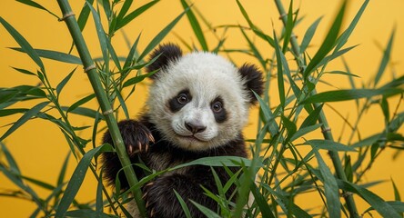 Fototapeta premium Adorable Panda Cub. Playful PeekaBoo Among Vibrant Bamboo Shoots, A Captivating View.