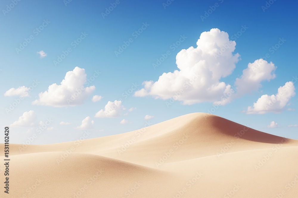 Aufkleber peaceful desert landscape with smooth sand dunes under bright sky and fluffy clouds in soft daylight