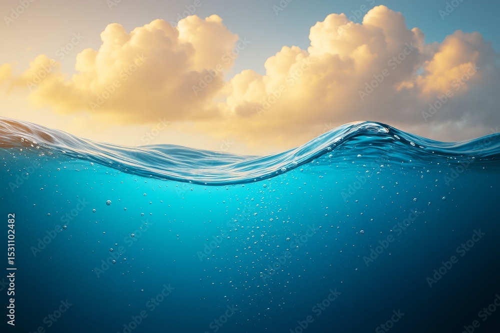 Poster Crystal-clear ocean wave with bubbles and soft golden clouds in the background under warm sunlight in a serene nature-inspired abstract composition.