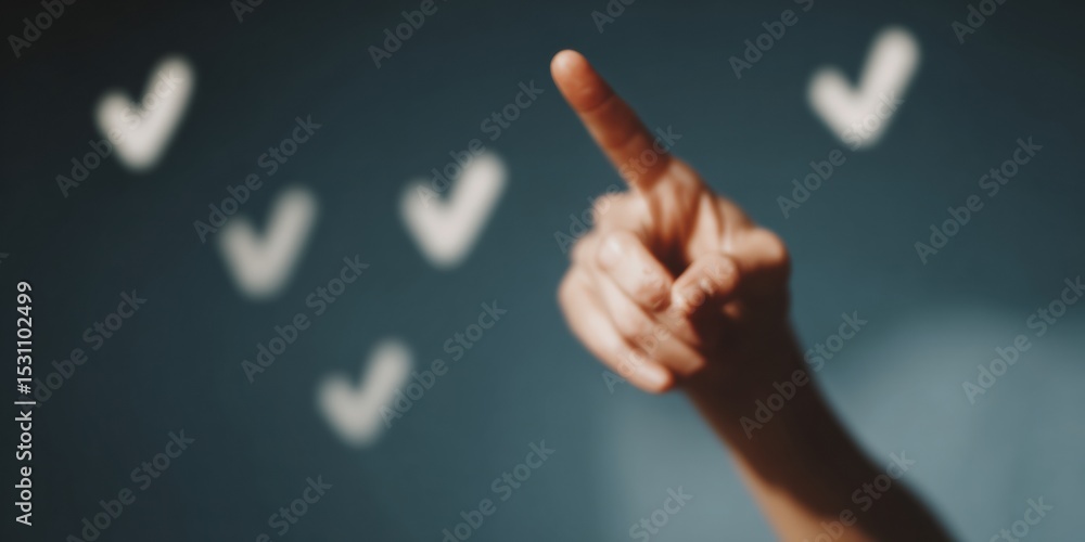Poster Futuristic Quality Control Concept with Human Finger Pointing Checkmark Icon in Holographic Interface for Digital Verification and Approval