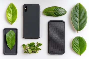 Flat lay of two dark gray phones, surrounded by vibrant green leaves and small greenery