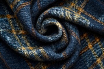 Soft wool fabric with a checkered pattern in warm brown and deep blue hues, swirling gently