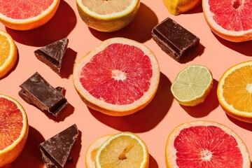 Citrus and chocolate slices on peach background