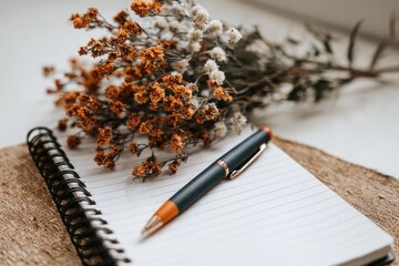Dried flowers, pen, and notebook on a table