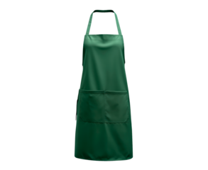 Green kitchen apron with front pockets for cooking or gardening tasks on transparent background, PNG