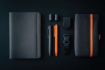 Dark gray notebook, orange pen, and accessories on black background