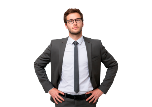 Confident businessman in suit and tie on transparent background, PNG