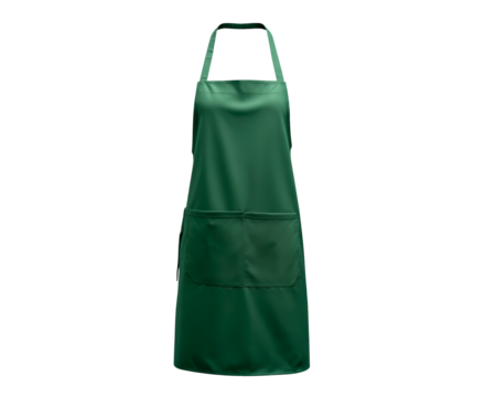 Green kitchen apron with front pockets for cooking or gardening tasks on transparent background, PNG