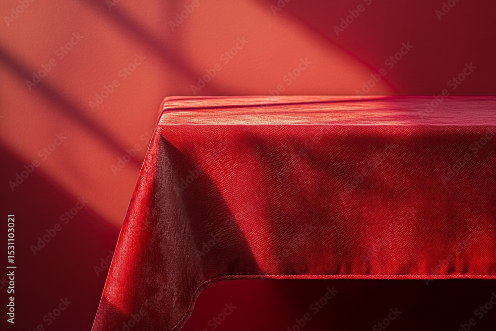 Poster red tablecloth covering a table against a red background, with window light creating shadows, ideal 
