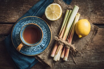 A cup of tea, lemon, and lemongrass on rustic wood