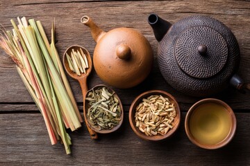 Herbal tea ingredients and utensils on rustic wood