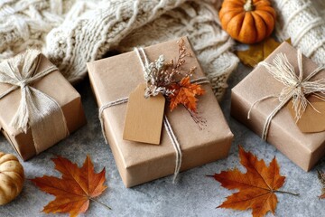 Autumnal gifts wrapped in kraft paper, with fall foliage and a knitted sweater