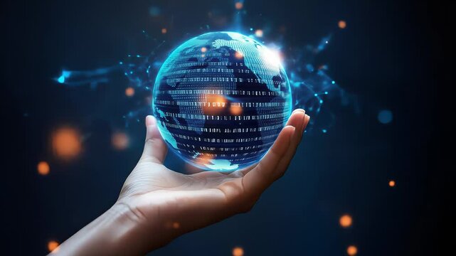 Hand holding a glowing digital world with binary code and interconnected network