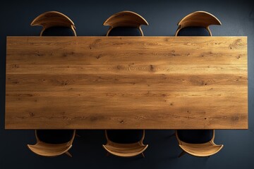 Large wooden table and six chairs in a dark conference room, seen from above