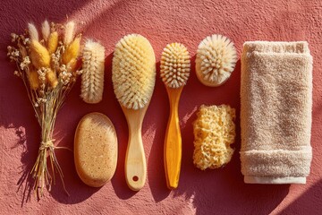 Natural spa tools arranged on blush pink surface