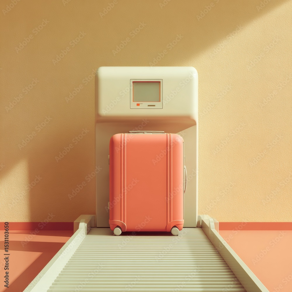 Poster Modern Security Checkpoint with Advanced Baggage Scanner and Conveyor Belt in Minimalist Style for Travel Safety and Risk Management Campaigns