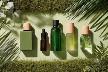 Natural skincare bottles arranged on a mossy, light green surface, framed by leaves
