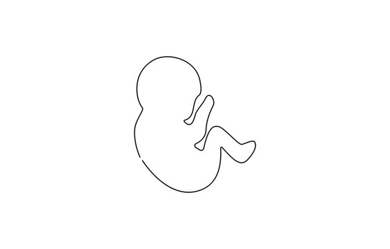 Baby embryo in womb, fetus one art line continuous drawing. Silhouette cute unborn fetus child on mother womb in minimalism, .one line drawing of baby fetus in mother's stomach in gestational age.